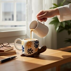 Source Unknown Ceramic Mug with Turtle Saucer - Blue and Yellow Floral